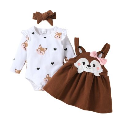 Ursobutegl Baby Girl Christmas Outfit Long Sleeve Romper Onesie Deer Plaid Suspender Skirt Set Cute Fall Winter Clothes (Brown, 6-9 Months)