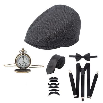 ODOLDI 1920s Mens 20s Gatsby Accessories Set Newsboy Hat with Vintage Pocket Watch Gangster Suspenders 1920s Gangster Roaring 20s Newsboy#1 One Size