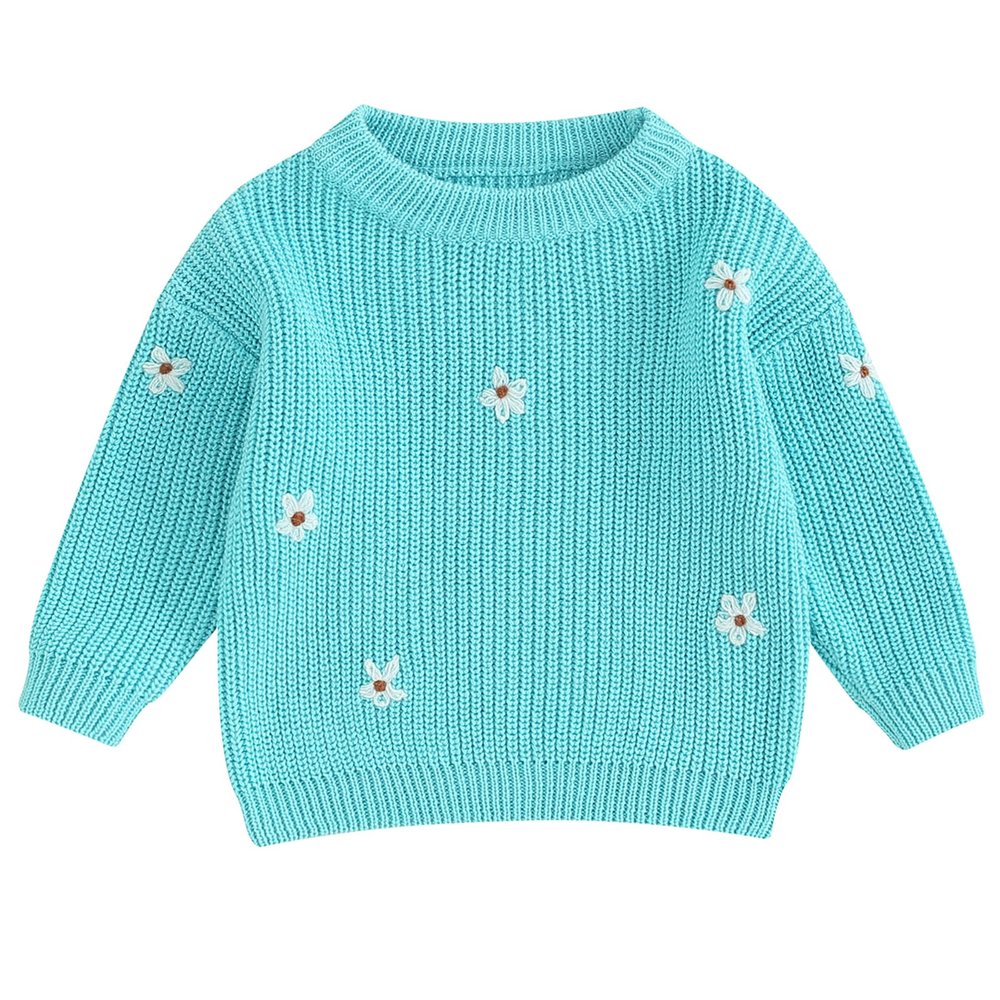 Mubineo Baby Girl Winter Clothes Cute Flower Sweater Crewneck Pullover Long Sleeve Knit Newborn Infant Sweaters (US, Age, 4 Years, 5 Years, Light Blue)