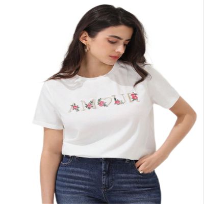 Women's T-Shirt Embroidery Floral & Letter Pattern Tee T-Shirt for Women (Color : White, Size : Small)