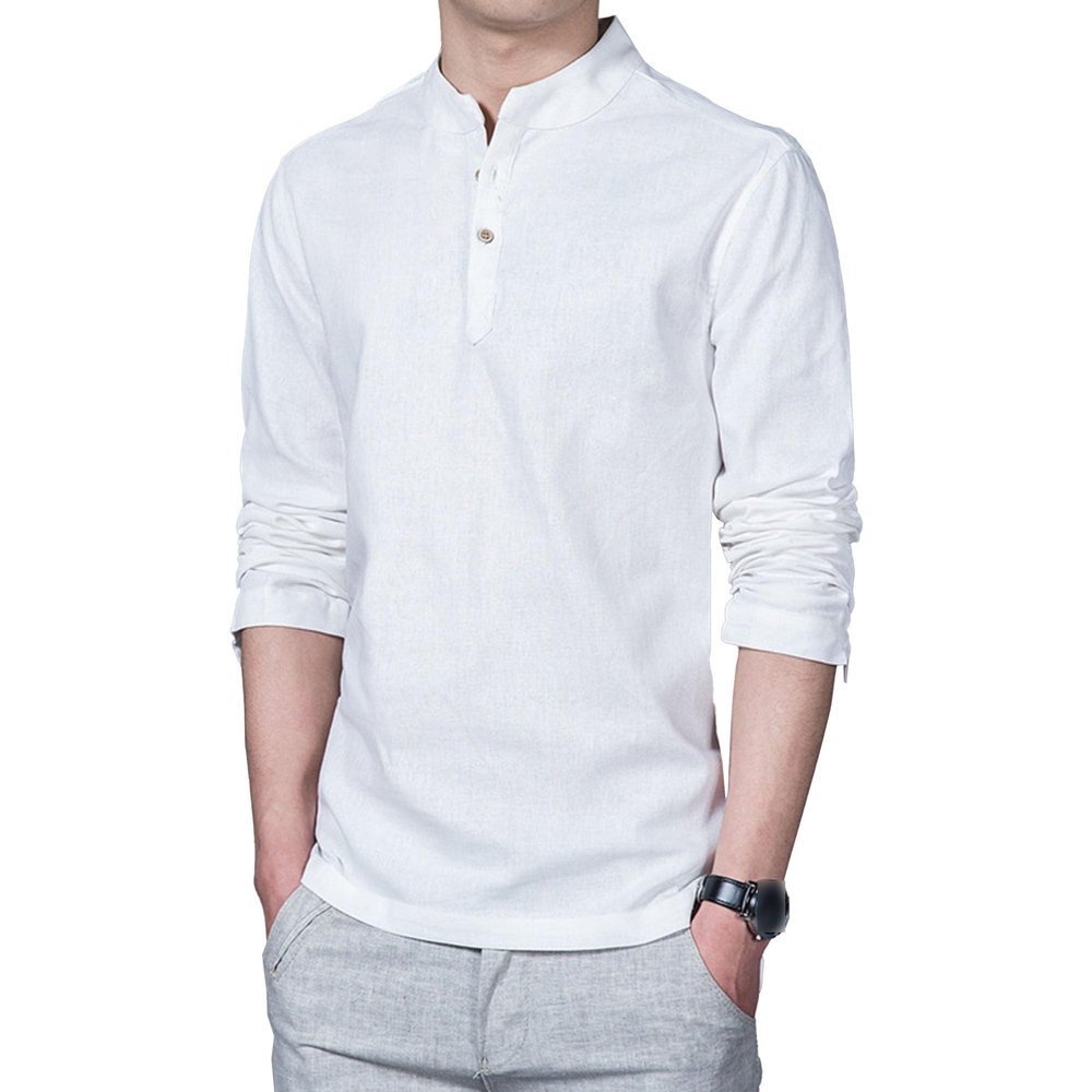 Maiyifu-GJ Men's Casual Linen Cotton Shirts Henley Long Sleeves V Neck Shirts Slim Fit Button Down Pullover T-Shirt (White,XX-Large)