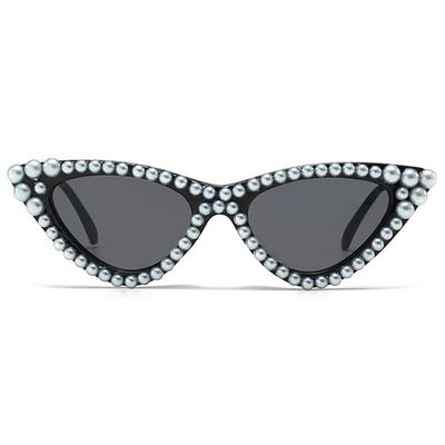 bullabulling Pearl Cat Eye Sunglasses Womens Cute Fashion Trendy Eyewear UV Protection (black)