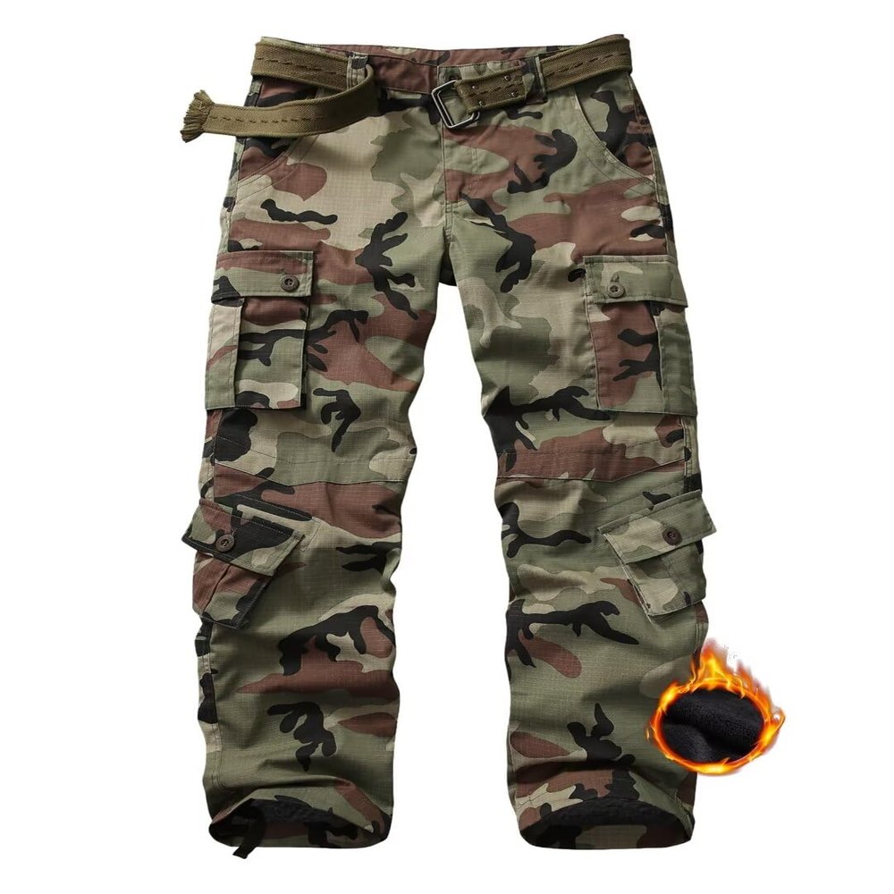 KOCTHOMY Mens Fleece Lined Hiking Pants,Winter Outdoor Thermal Casual Work Cargo Pants with Multi Pockets, No Belt,JR55 C29 Camo 30
