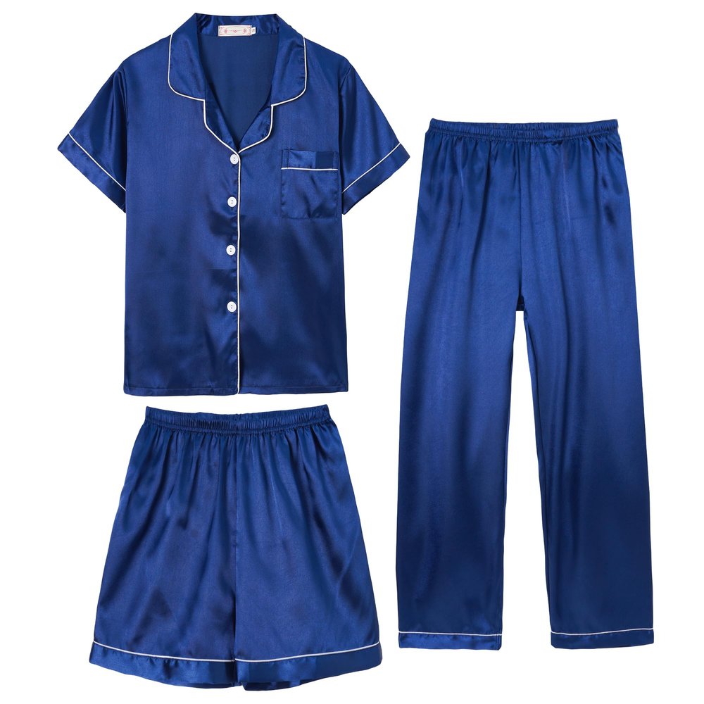 Hupohoi Unisex Girls Boys Kids Pajama Sets Button Down Satin Sleepwear Nighty 3PCS Silky Lounge Sets Nightwear Short Sleeve Long Pants, 3pcs-NavyBlue, 8