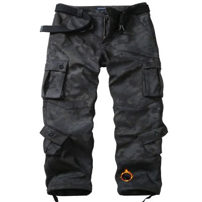 KOCTHOMY Men's Fleece Lined Hiking Pants,Winter Outdoor Thermal Casual Work Cargo Pants with Multi Pockets, No Belt,JR55 Black Camo 34