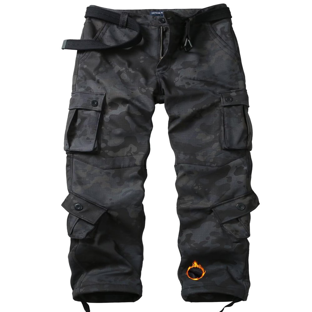 KOCTHOMY Men's Fleece Lined Hiking Pants,Winter Outdoor Thermal Casual Work Cargo Pants with Multi Pockets, No Belt,JR55 Black Camo 34