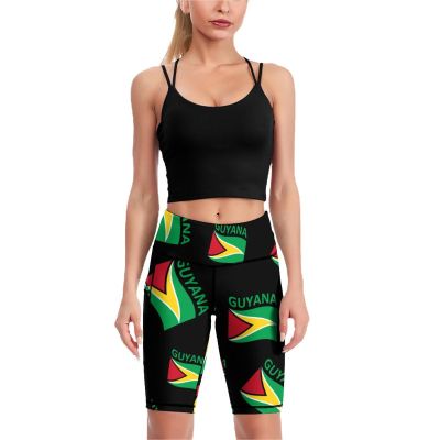 Flag of Guyana Women's Knee Length Leggings High Waist Yoga Workout Running Pants with Pocket 2XL