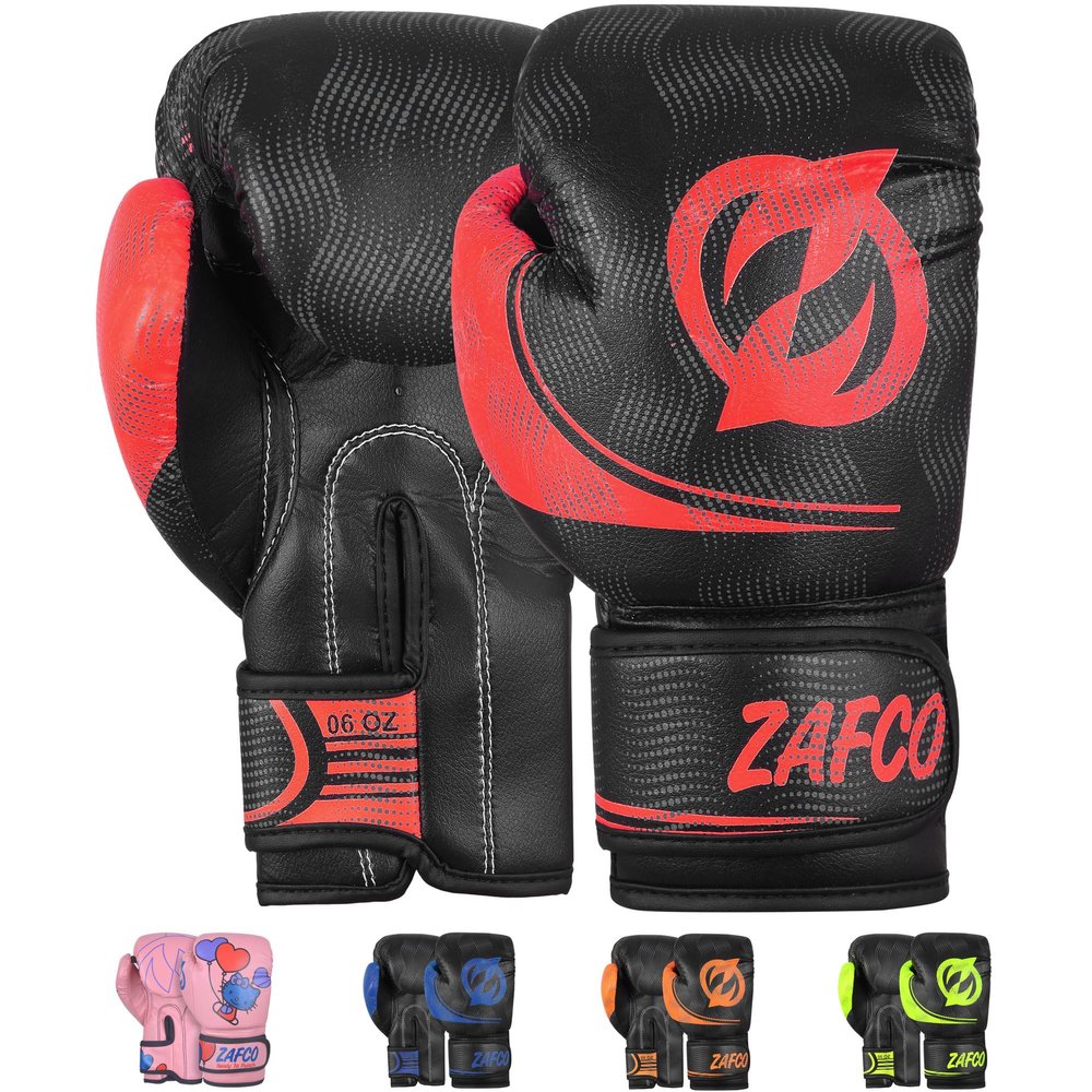 Zafco Kids Boxing Gloves for Kids Junior Muay Thai Kick Boxing Training MMA Punching Bag Children Youth (Black Red, 4oz)