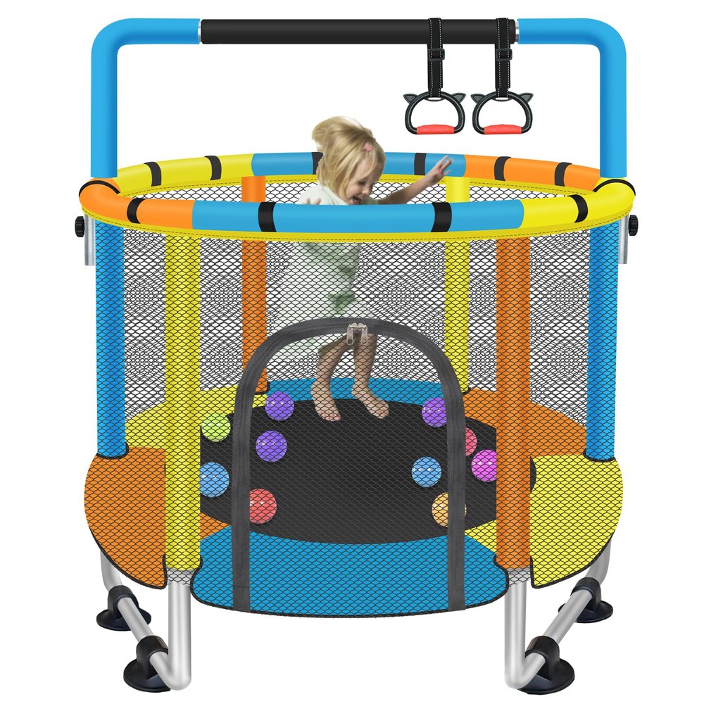 Toddler Trampoline for Kids Ages 1-8, 55'' Small Trampoline with Safety Enclosure Net & Adjustable Gymnastics Bar, Indoor & Outdoor Baby Mini Trampolines, Birthday Gifts for Children & Boys & Girls