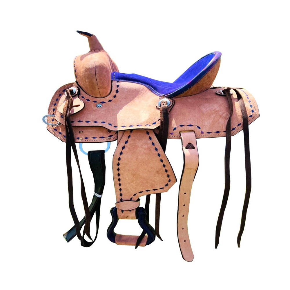 Youth Kids Barrel Horse Western Saddle Tack Set Roughout Leather Blue Suede Seat (Only Saddle, 8" Seat)