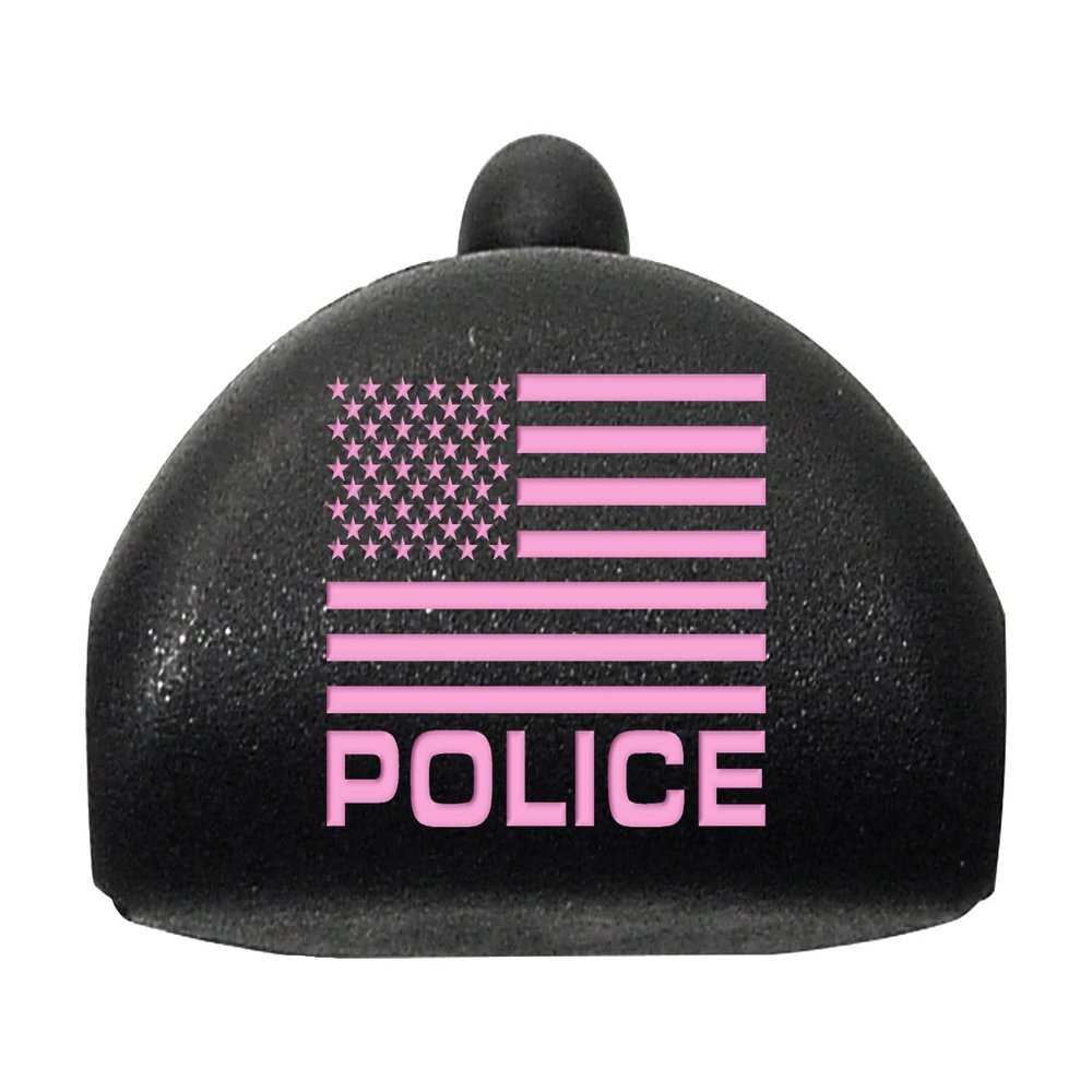 NDZ Performance JP6 Grip Plug for Glock Gen 4-5 G17 G19 G22 G23 G24 G31 G32 G34 G35  Black Insert, Custom Laser Engraved Design with Pink Color Fill  US Flag Police
