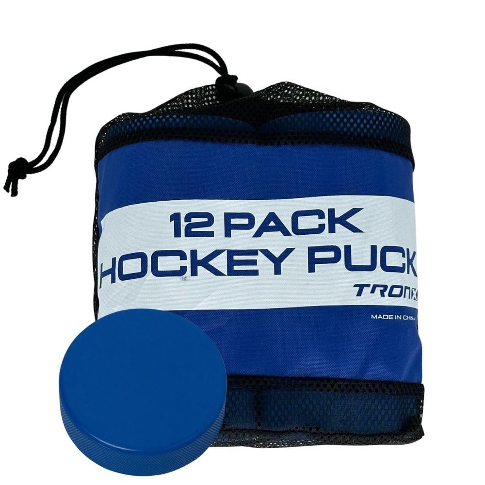 TronX Youth Mite Ice Hockey Pucks - Blue 4oz Puck Kids Lightweight with Mesh Carrying Bag, Great for Stick Handling & Training Drills (Blue 12-Pack)