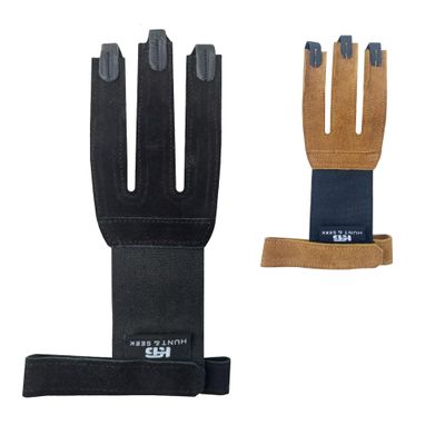 Hunt & Seek Archery Glove Finger Tab Accessories - Suede Leather Hunting Glove for Recurve & Compound Bow - Three Finger Guard Unisex (Large, Black)