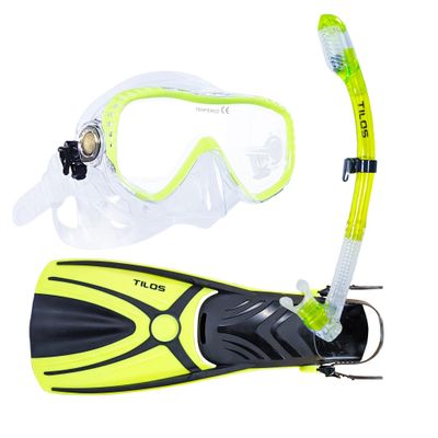 Tilos Visionary Mask with Diver Sleek Dry Snorkel and Aubade OH Fins Package (Yellow, S/M)