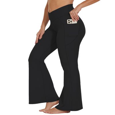 Flare Crossover Leggings with Pockets for Women 34" High Waisted V Cross Wide Leg Yoga Pants Tummy Control Bootcut Workout Gym Black M