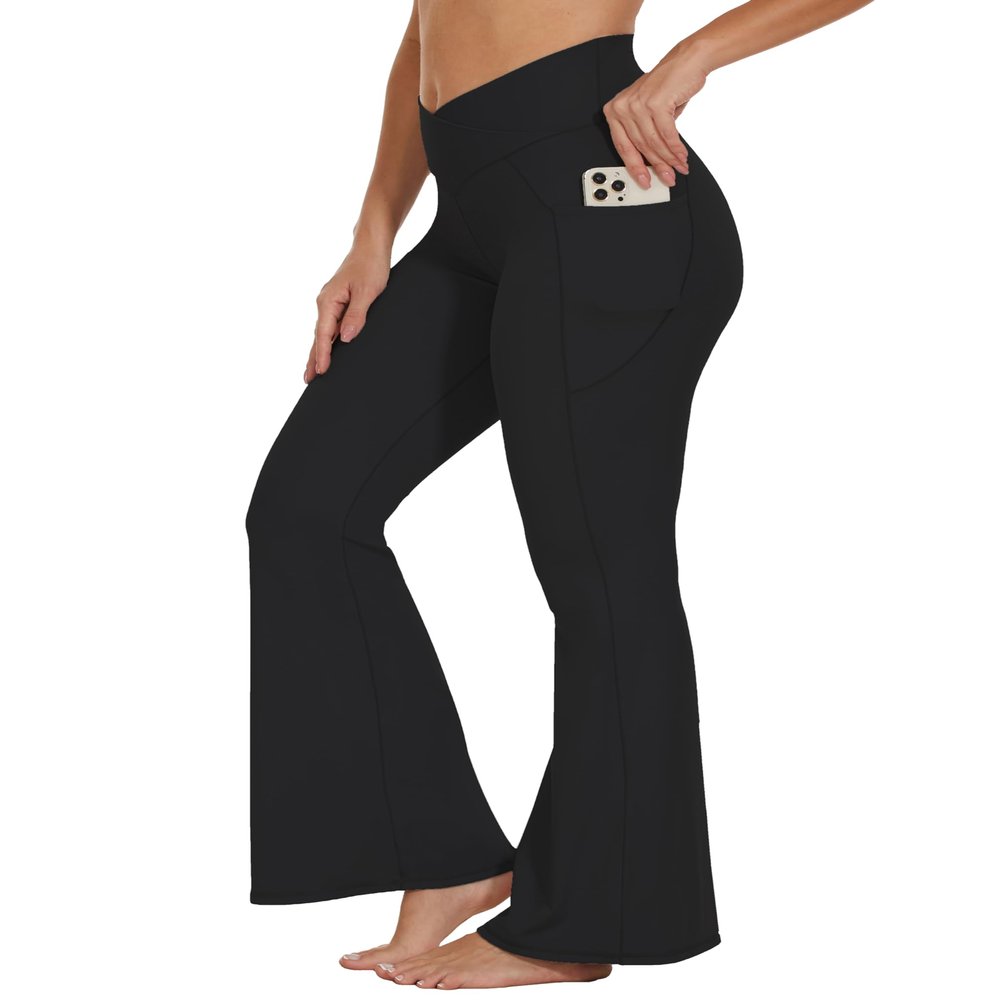 Flare Crossover Leggings with Pockets for Women 34" High Waisted V Cross Wide Leg Yoga Pants Tummy Control Bootcut Workout Gym Black M