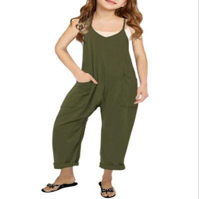 Cnkwei Girls' Casual Sleeveless Jumpsuits Spaghetti Strap Loose Romper Long Pants with Pockets