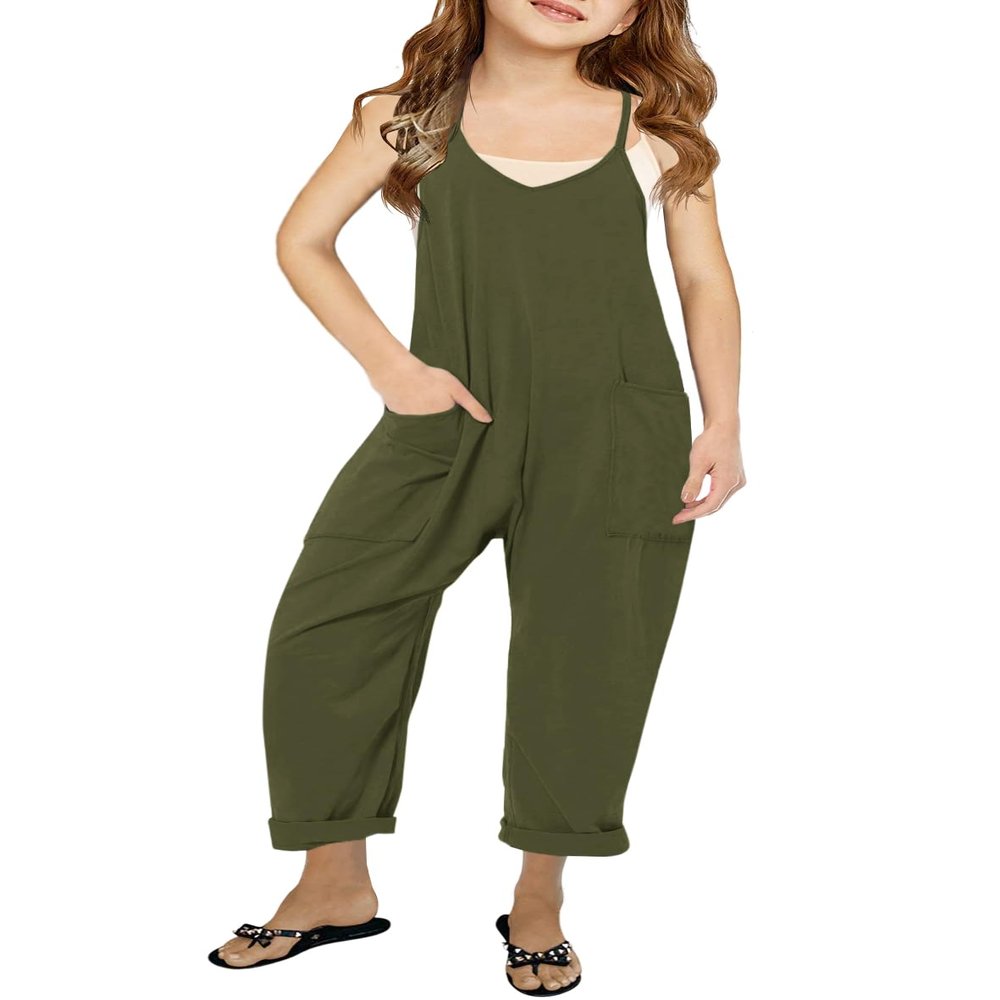 Cnkwei Girls' Casual Sleeveless Jumpsuits Spaghetti Strap Loose Romper Long Pants with Pockets