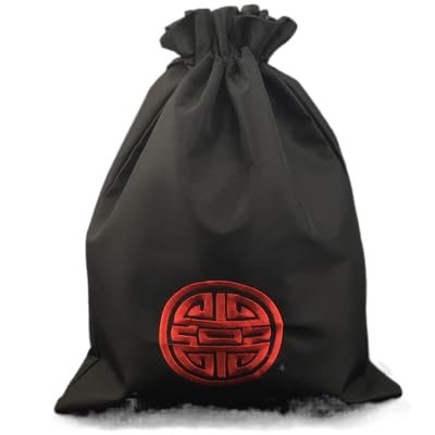2 Pcs Fine Embroidery Joyous China Shoe Storage Bags Travel Home Drawstring Satin Cloth Shoe Pouch Reusable Shoes Covers with lined (black, 10.6 x 14 inch about)