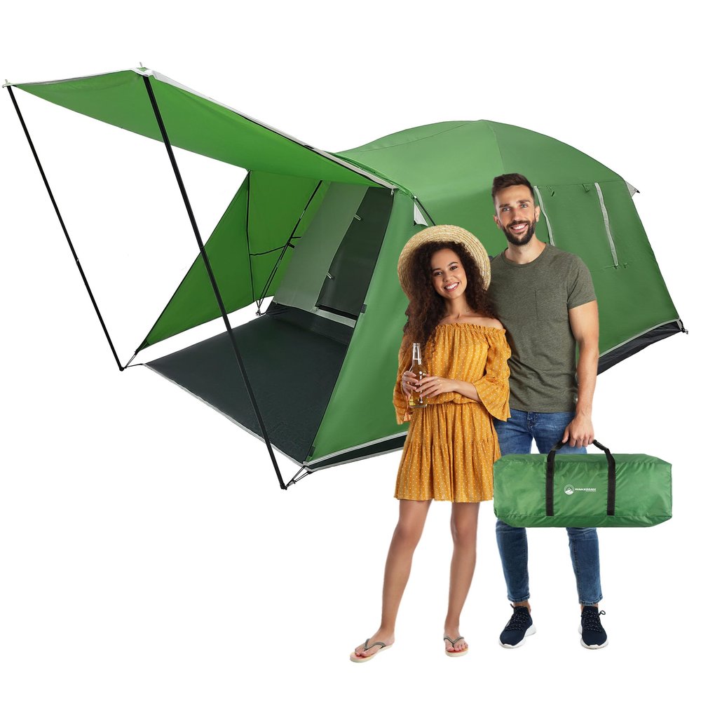 4 Person Camping Tent - Water-Resistant Outdoor Shelter with Attached Porch Canopy and Carrying Bag by Wakeman Outdoors (Green)