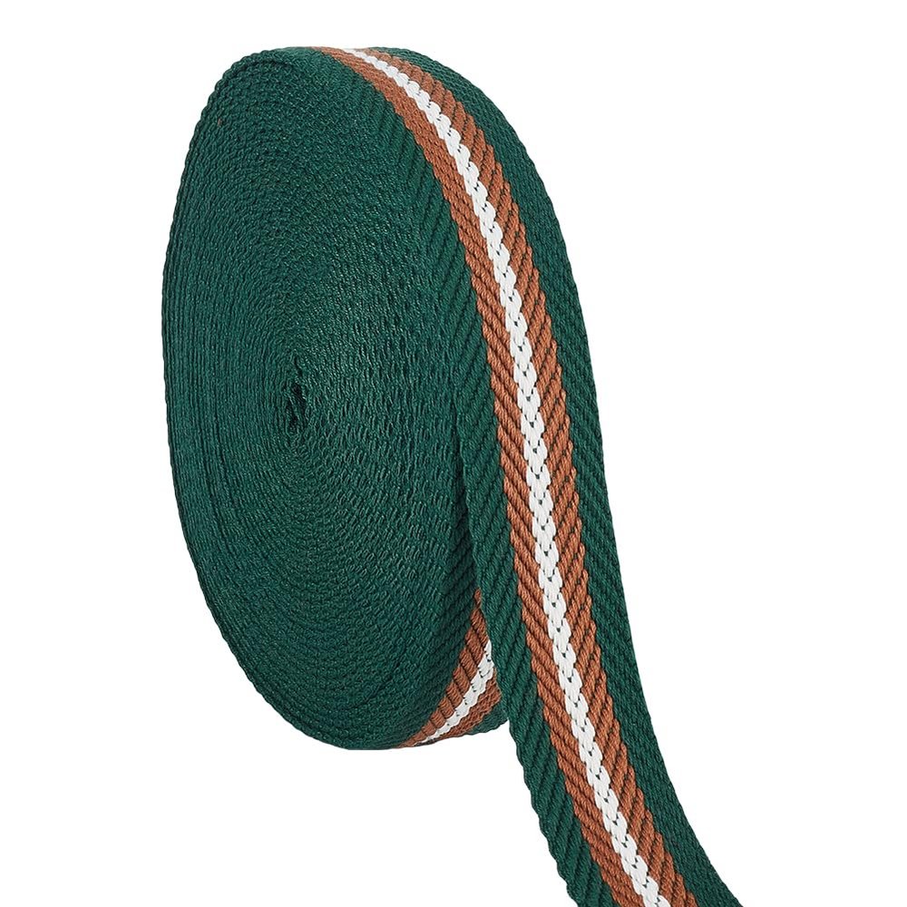 BENECREAT 10 Yards Polyester Striped Webbing, 1.25 Inches Wide Dark Green Fabric Webbing Edges, Cotton Polyester WebbingFlat Polyester Cotton Webbing for Bag Handles, Belts, Sewing