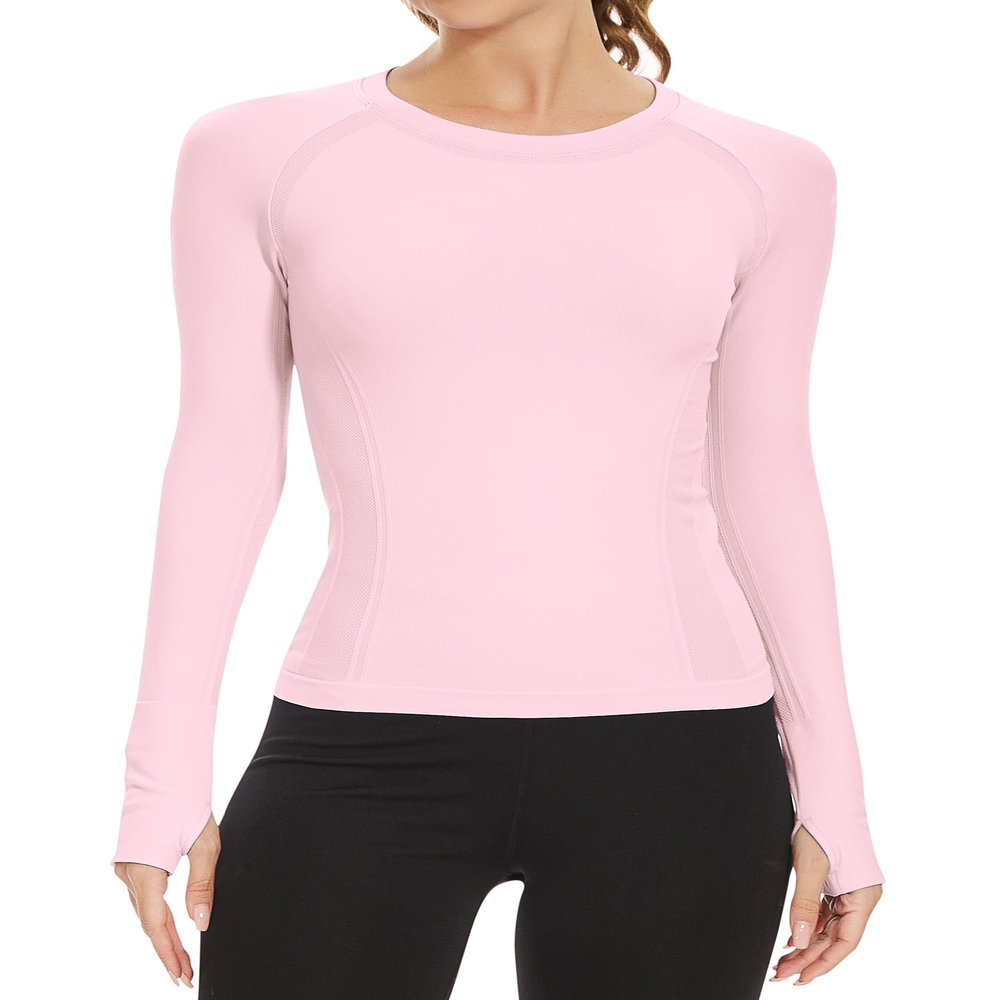 MathCat Workout Shirts for Women Long Sleeve, Workout Tops for Women, Quick Dry Gym Athletic TopsSeamless Yoga Shirts Lightpink