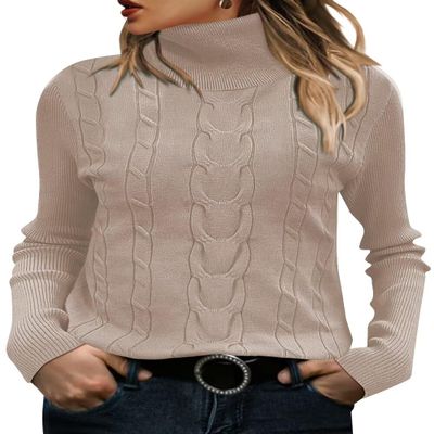 FEKOAFE Women's Long Sleeve Turtleneck Womens Sweaters Chunky Knit Lightweight Pullover Sweaters Jumper Tops Beige-L