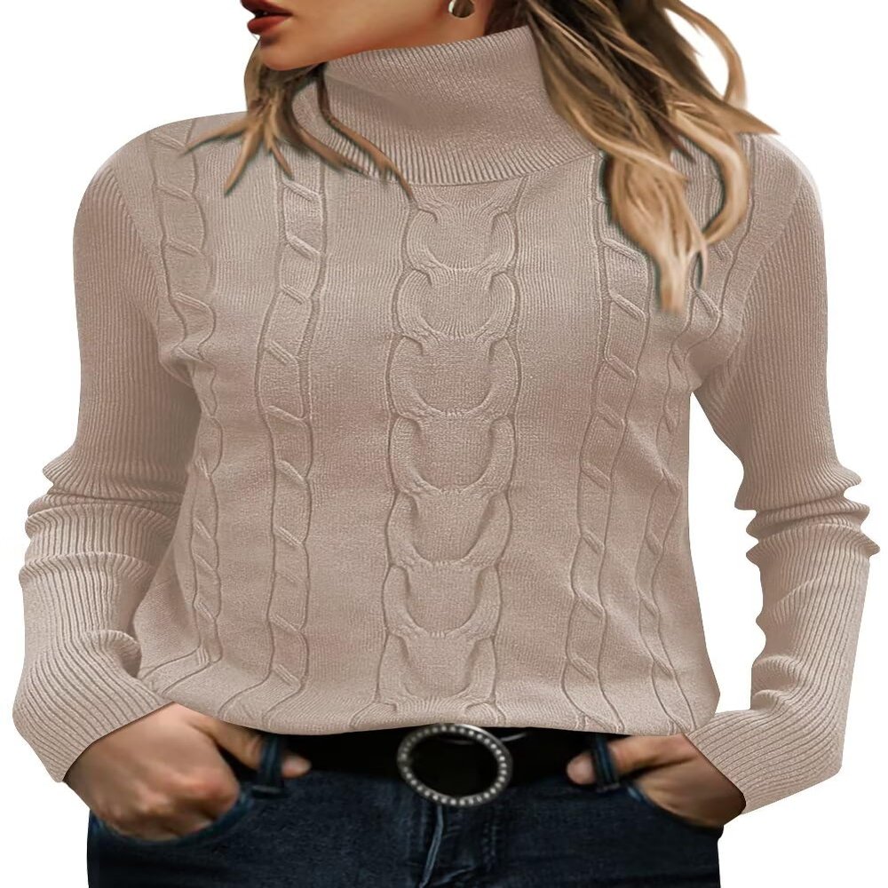 FEKOAFE Women's Long Sleeve Turtleneck Womens Sweaters Chunky Knit Lightweight Pullover Sweaters Jumper Tops Beige-L