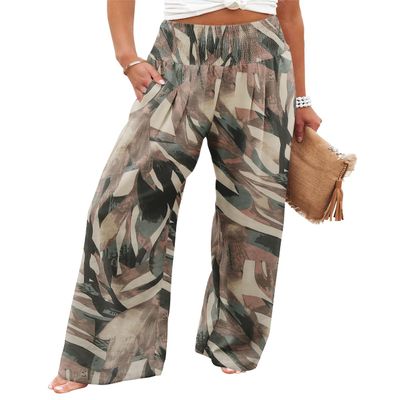 Angerella Casual Pants for Women Flowy Summer High Waisted Wide Leg Pant with Pockets Lounge Trousers Palazzo Pants BrownGreen M