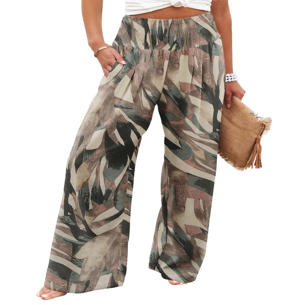 Angerella Casual Pants for Women Flowy Summer High Waisted Wide Leg Pant with Pockets Lounge Trousers Palazzo Pants BrownGreen M