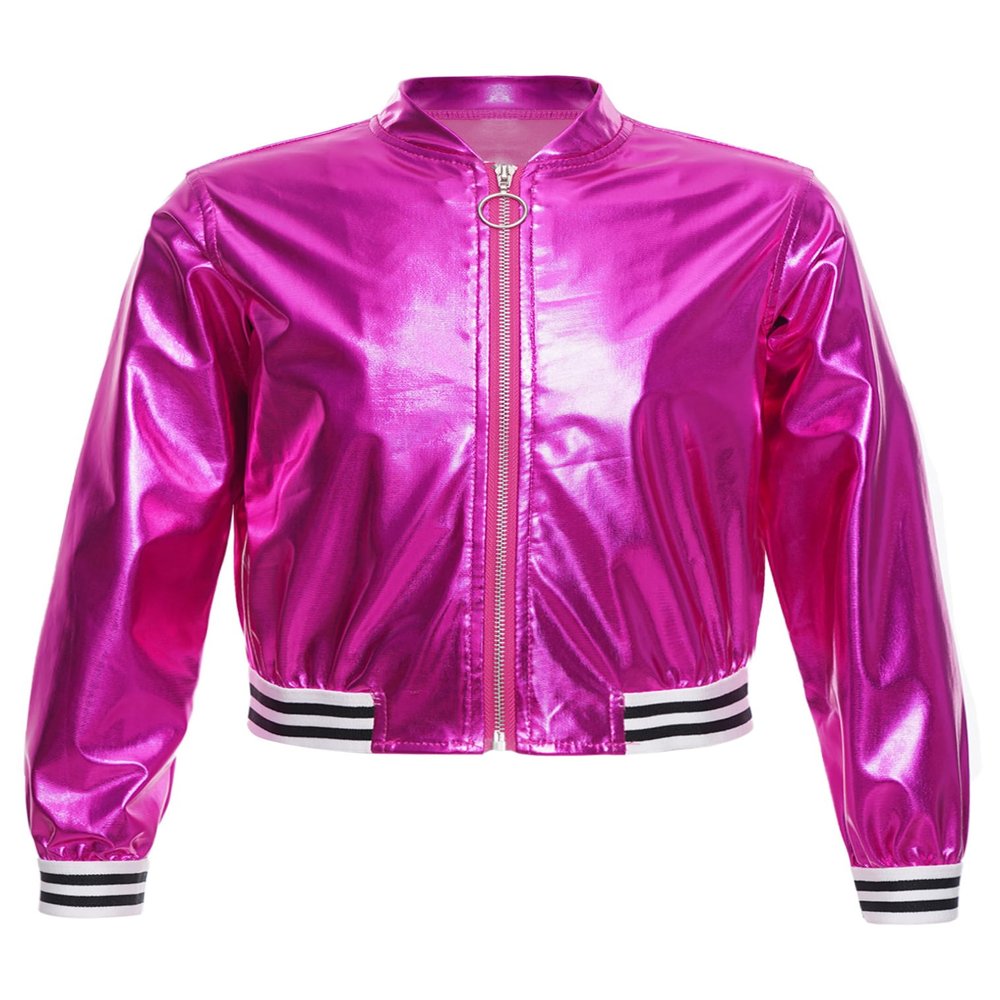 JEATHA Kids Boys Girls Shiny Metallic Bomber Jacket Motorcycle Baseball Windbreaker Long Sleeve Zip Up Coat Rose 8 Years