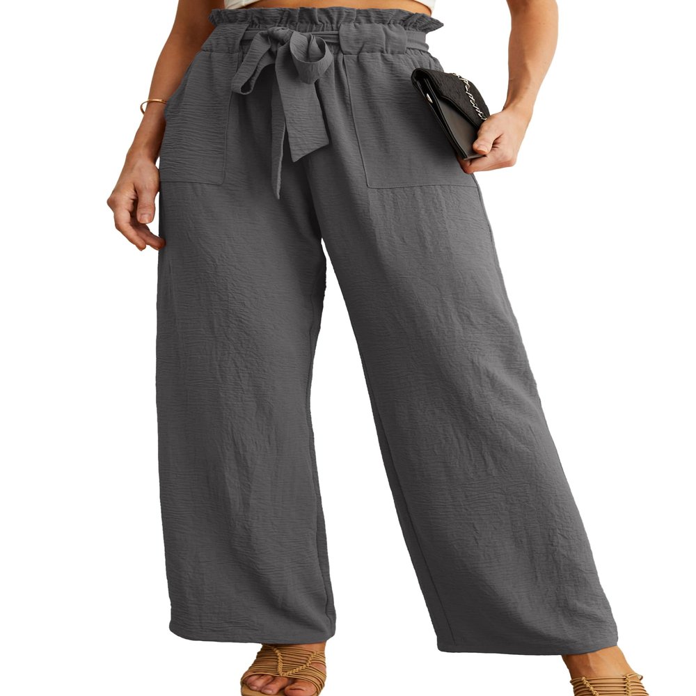 IWOLLENCE Women's Wide Leg Pants with Pockets High Waist Adjustable Knot Loose Casual Trousers Business Work Casual Pants Smoky Gray XX-Large