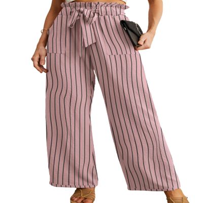 IWOLLENCE Women's Wide Leg Pants with Pockets High Waist Adjustable Knot Loose Casual Trousers Business Work Casual Pants Gray Pink Stripe Large