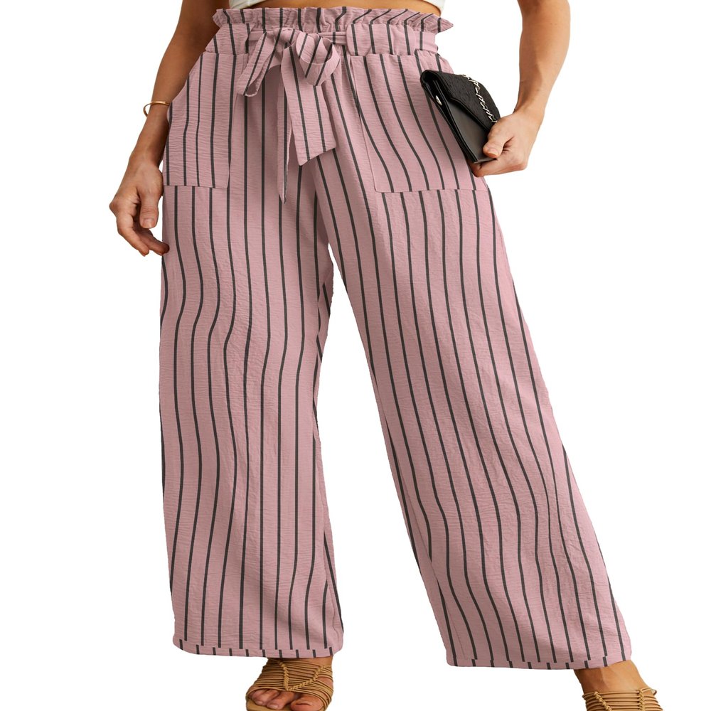 IWOLLENCE Women's Wide Leg Pants with Pockets High Waist Adjustable Knot Loose Casual Trousers Business Work Casual Pants Gray Pink Stripe Large