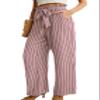 IWOLLENCE Women's Wide Leg Pants with Pockets High Waist Adjustable Knot Loose Casual Trousers Business Work Casual Pants Gray Pink Stripe Large view 2
