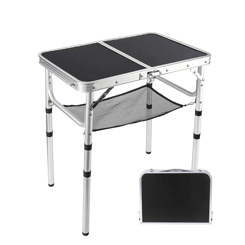 YUFIFAIRY Small Folding Table 2 Foot, Portable Camping Table with Mesh Holders,Lightweight Aluminum Adjustable Height, with Carry Handle for Camping Picnic Indoor Outdoor, White 24 x 16 inch (Black