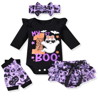 fioukiay Newborn Baby Girls Halloween Clothes Outfits Infant 4pcs Bodysuit Romper Shorts Clothing Setst(Black,Preemie)