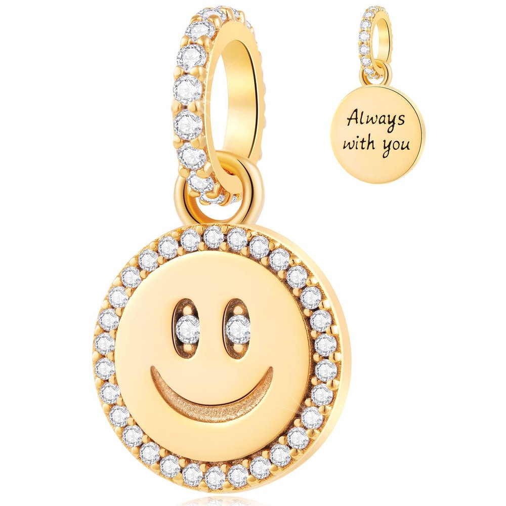 18k Yellow Gold Plated Happy Face Smile Pendant Charm with Clear CZ Eye, fit Pandora Luck Bracelet, Smiley Face Emoji Dangle Beads, Gift for Sister/Daughter