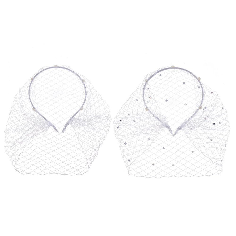 BENECREAT Elegant Mesh Veil Headband with White Rhinestones - 2pcs Headpiece for Bridal Wedding & Tea Party
