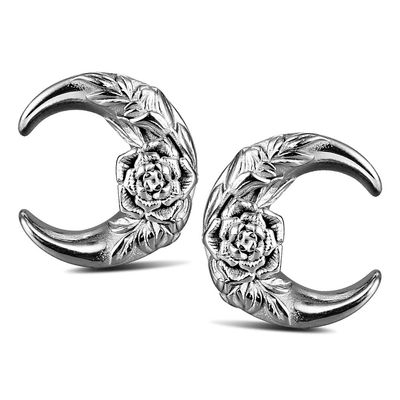 Casvort 2 PCS Hypoallergenic 316 Stainless Steel Silver Hot Moon Flower Saddle Hangers 0g Plugs 0g Earrings 8mm Gauges for Ears Stretching Saddle Plugs Body Jewelry