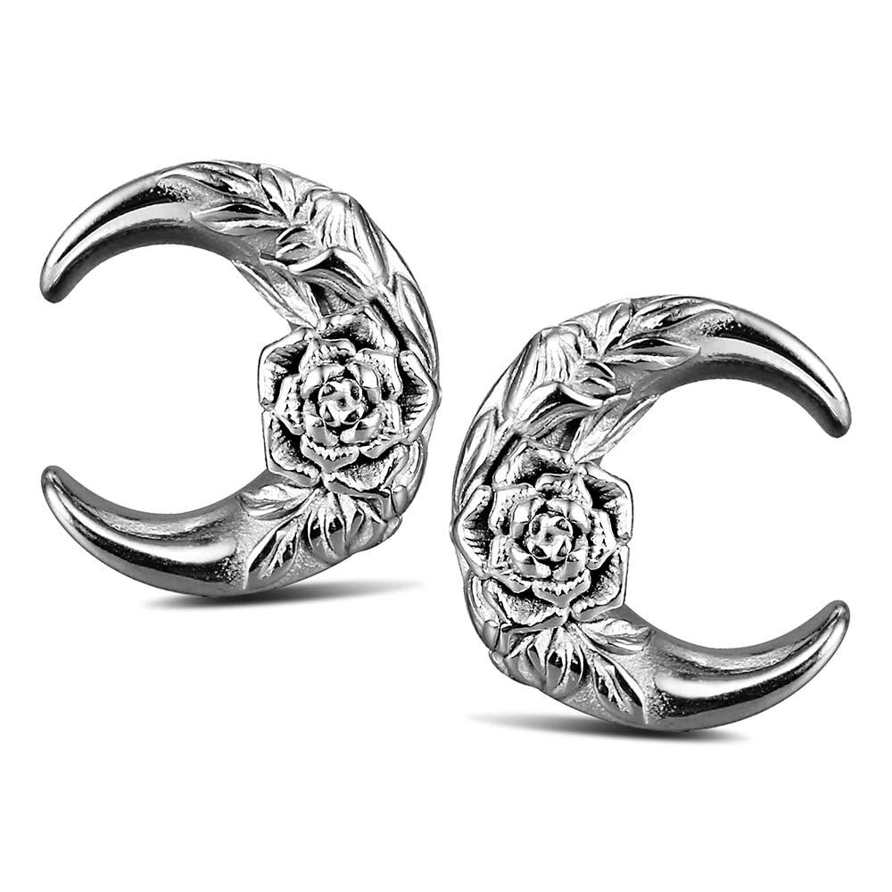 Casvort 2 PCS Hypoallergenic 316 Stainless Steel Silver Hot Moon Flower Saddle Hangers 0g Plugs 0g Earrings 8mm Gauges for Ears Stretching Saddle Plugs Body Jewelry