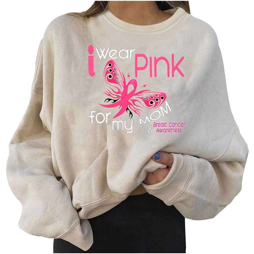 Breast Cancer Shirts for Women 2023 Breast Cancer Survivor Shirts for Women Pink Ribbon Butterfly Print Tees Casual Long Sleeve Loose Crewneck Sweatshirt Breast Cancer Beige M