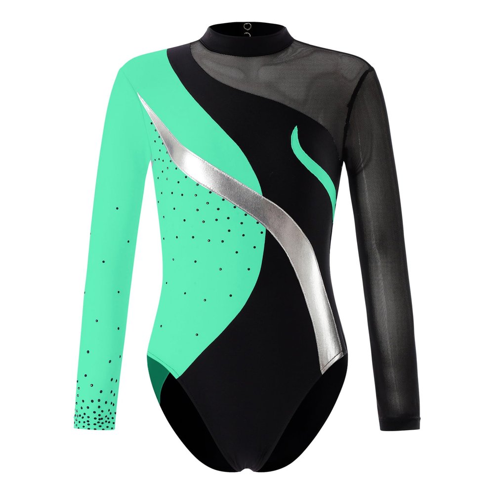 FEESHOW Girls One Piece Long Sleeve Gymnastics Ballet Dance Leotard Kids Mesh Splice Shiny Diamond Athletic Bodysuit Mint Green 6 Years