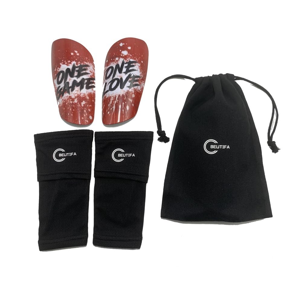 One Game One Love Designer Football Shin Guards for Teenagers, Gift Sleeves with Insert Pocket, Protective Shinpads for Girls Boys Kids - BEUTIFA