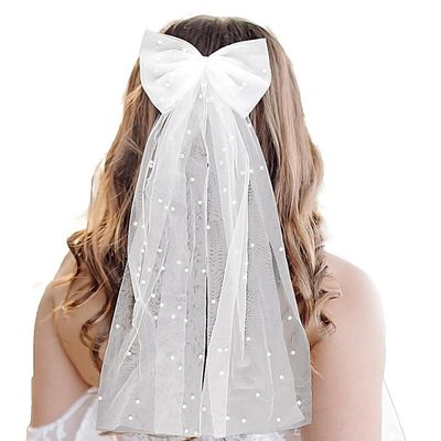 Bridal Hair Bow Veil Pearl White Wedding Headband for Women and Girls - Bachelorette Party Decorations, Bridesmaid Favors, Bride To Be Short Veil, Hair Pieces, Bridal Shower Gift