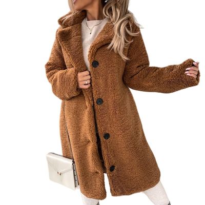 Women's 2023 Fuzzy Fleece Winter Coat Lapel Long Sleeve Button Sherpa Jacket Warm Faux Fur Outwear Cardigan Overcoat A-Brown