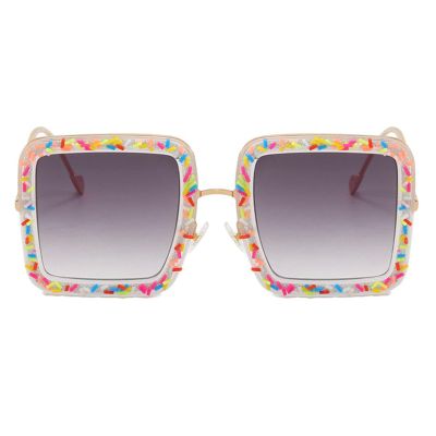 helena Trendy Rhinestone Square Sunglasses Women Oversized Crystal Frame Gradient Lens Party Diamond Eyeglasses (white)