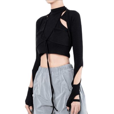Fashion High Street Casual Cotton Tshirt Women Spring Summer Black Slim Streetwear Bow Bandage T Shirt Ladies Top,Black,L