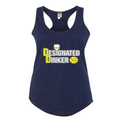 Small Navy Blue Women Fitted Designated Dinker Pickleball Funny Gift Idea Sleeveless Tank Top T-Shirt