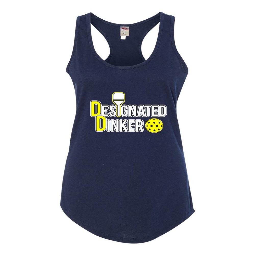 Small Navy Blue Women Fitted Designated Dinker Pickleball Funny Gift Idea Sleeveless Tank Top T-Shirt